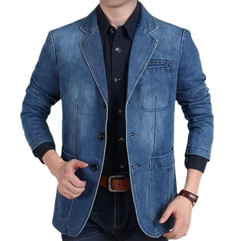 Блейзеры, мужская повседневная джинсовая куртка с узкими карманами, мужские однобортные блейзеры с отложным воротником и длинным рукавом, куртка